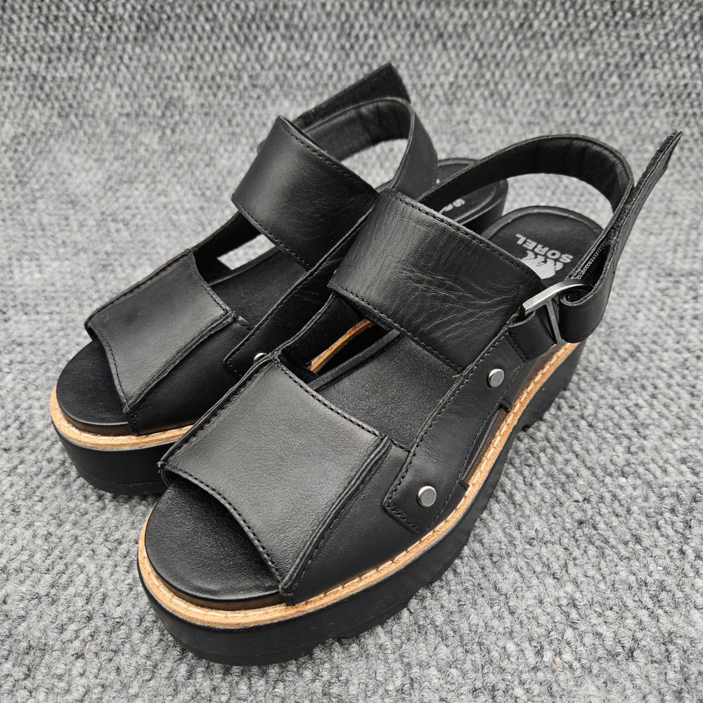 Sorel Joanie IV Women's 8 Black Sandals Platform Wedge Leather Strappy Slingback